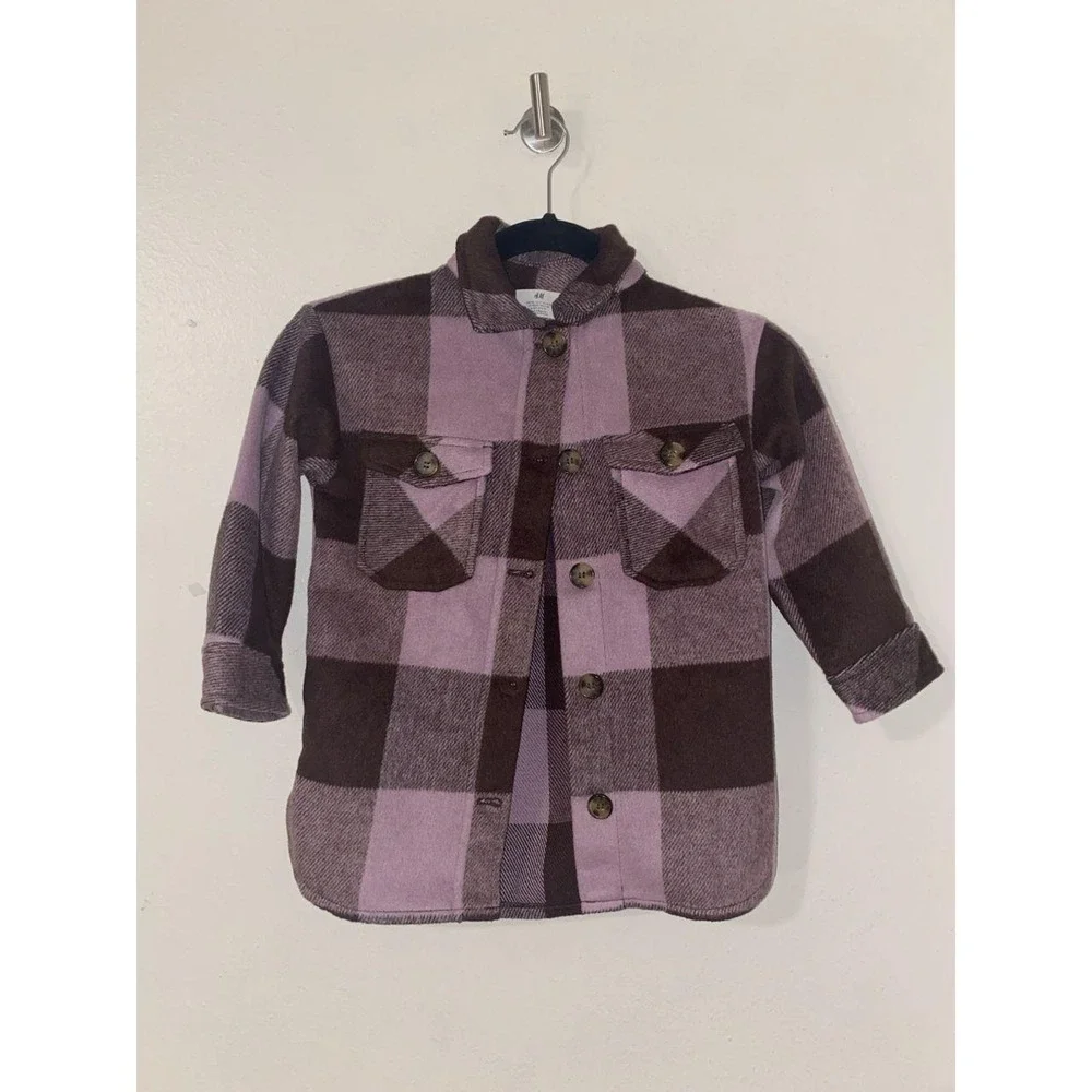 H& M Shacket Girls Plaid Purple Size 4-5 Long Sleeve